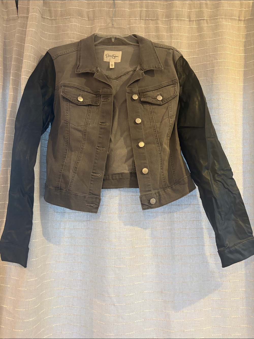 Jessica Simpson gray Body Jacket with Black faux leather Sleeves